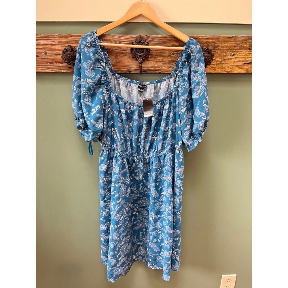 Torrid Mini Wash Challis Puff‎ Sleeve Dress 2X 18-20 Blue Floral Square Neck NEW